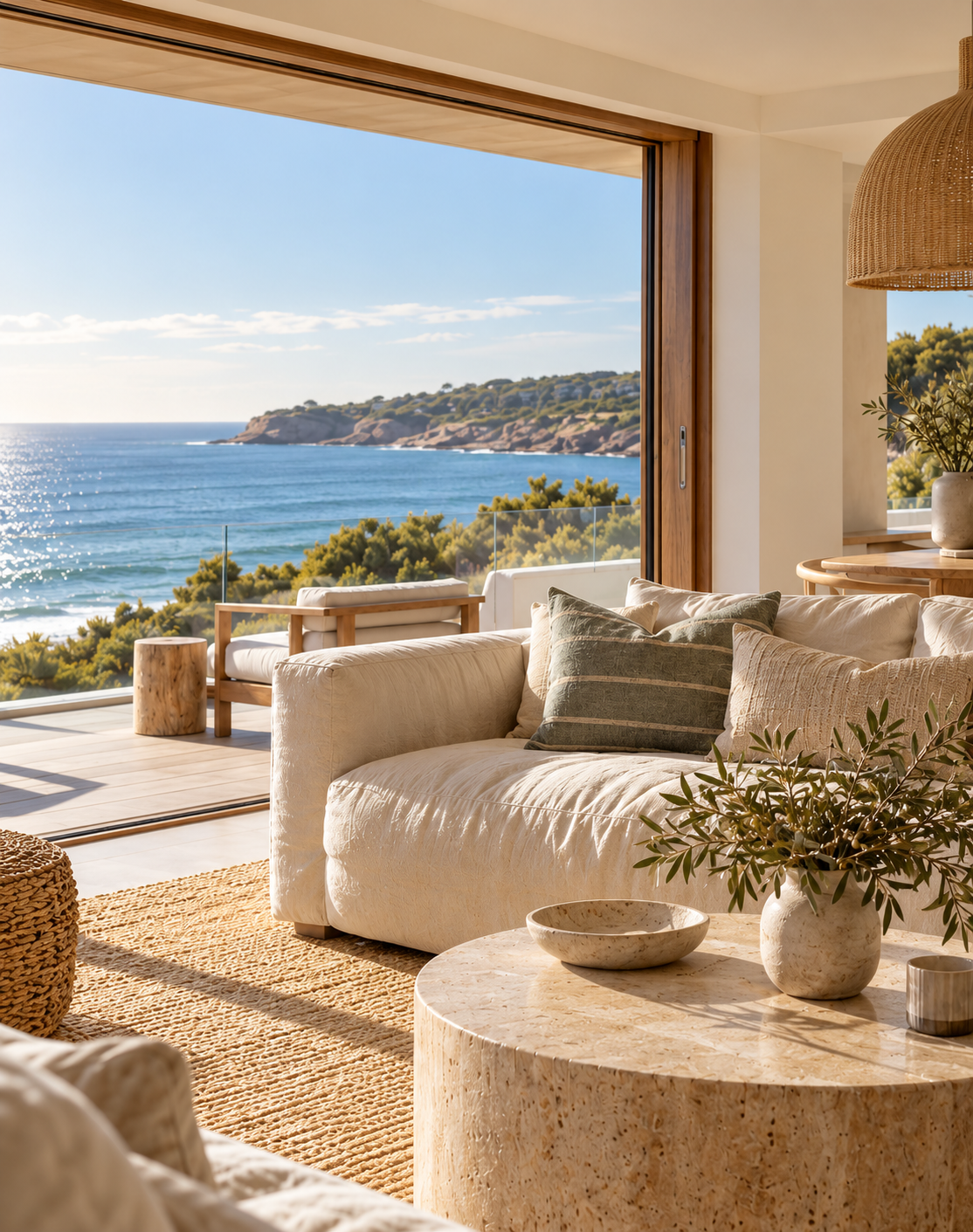 Sunlit coastal living room opening onto the bay